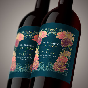 Etiqueta Para Botella De Vino Boda de fantasía encantada con flores rosadas y mo