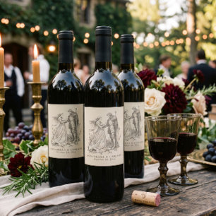 Etiqueta Para Botella De Vino Boda de fantasía medieval vintage negro grabado
