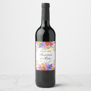Etiqueta Para Botella De Vino Boda de Fiesta Floral Acuarela Española