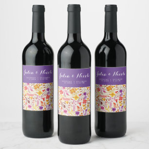 Etiqueta Para Botella De Vino Boda de flor silvestre boho naranja púrpura
