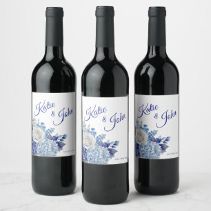 Etiqueta Para Botella De Vino Boda de flores azul acuarela -