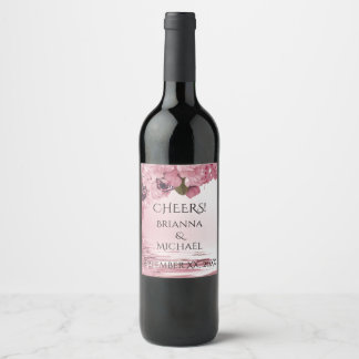 Etiqueta Para Botella De Vino Boda de flores de cerezo rosa y mariposas