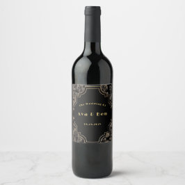 Etiqueta Para Botella De Vino Boda de Flores de Oro Negro Art Deco