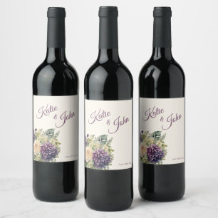 Etiqueta Para Botella De Vino Boda de flores púrpura acuarela -