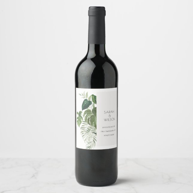 Etiqueta Para Botella De Vino Boda de follaje tropical de color verde pálido mod (Anverso)