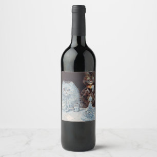 Etiqueta Para Botella De Vino Boda de gatos, matrimonio, novia, Louis Wain