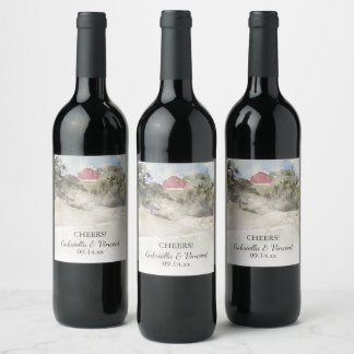 Etiqueta Para Botella De Vino Boda de Granja de Campo Rojo en Hillside