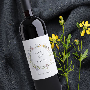 Etiqueta Para Botella De Vino Boda de guirnalda floral de pradera de color amari