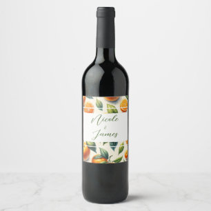 Etiqueta Para Botella De Vino Boda de hojas de naranja cítrica acuarela