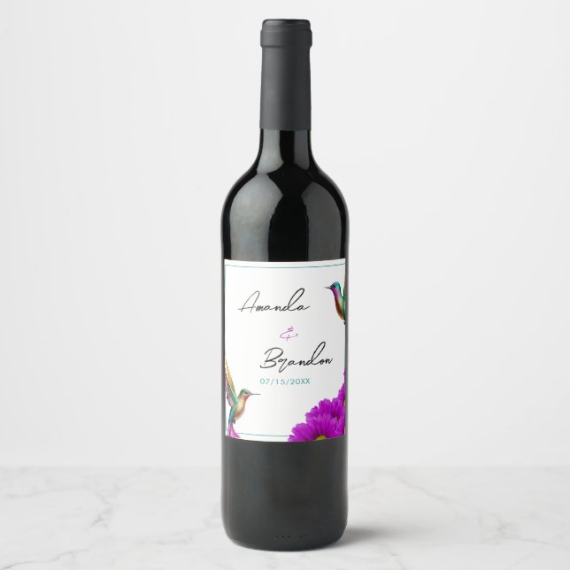 Etiqueta Para Botella De Vino Boda de Hummingbirds Purple Daisies (Anverso)