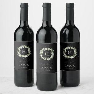 Etiqueta Para Botella De Vino Boda de invierno con Eucalipto y Snowberry negro