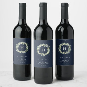 Etiqueta Para Botella De Vino Boda de invierno de la Marina Oscura Snowberry+Euc