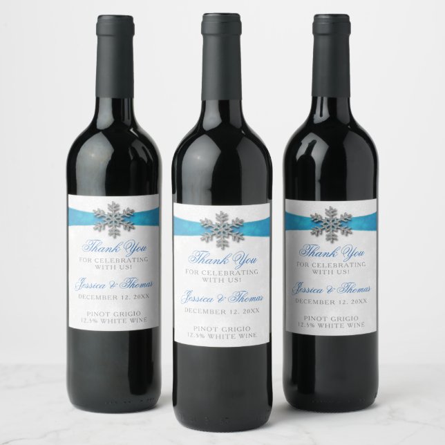 Etiqueta Para Botella De Vino Boda de Invierno Diamante Snowflake & Blue Ribbon (Botellas)