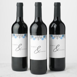 Etiqueta Para Botella De Vino Boda de Invierno Silver Blue Snowflakes