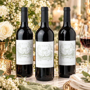 Etiqueta Para Botella De Vino Boda de Jardín con Cresta de Cisne Verde Elegante 