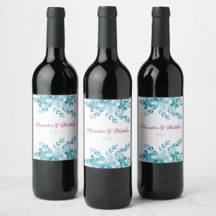 Etiqueta Para Botella De Vino Boda de la floral azul oceánica Botellas de vino