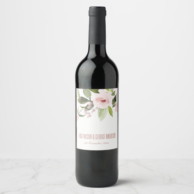 ETIQUETA PARA BOTELLA DE VINO BODA DE LA FLORAL ROSA DE RUBOR CON LAVADO DE COLO (Anverso)