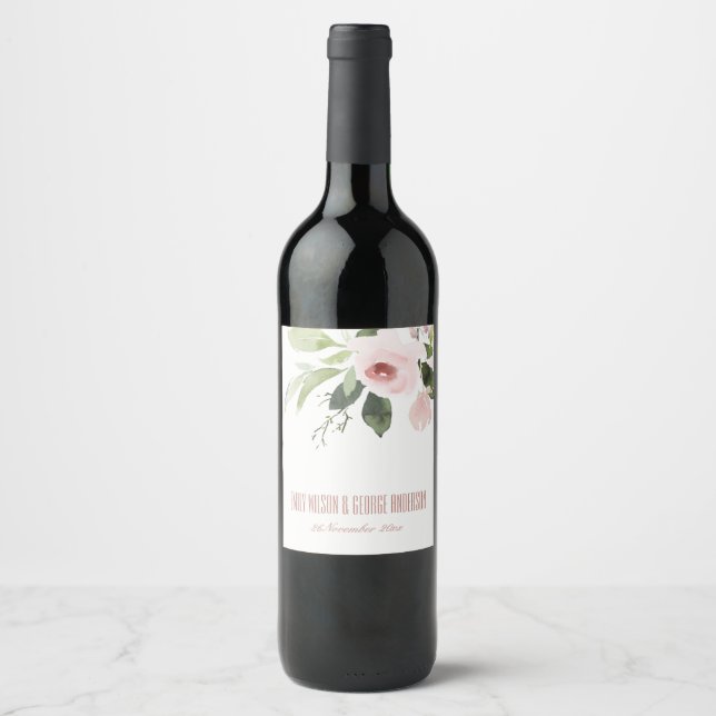 ETIQUETA PARA BOTELLA DE VINO BODA DE LA FLORAL ROSA DE RUBOR CON LAVADO DE COLO (Anverso)