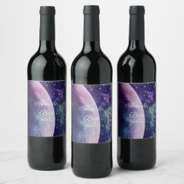Etiqueta Para Botella De Vino Boda de la Galaxia Morada Celestial de la Luna