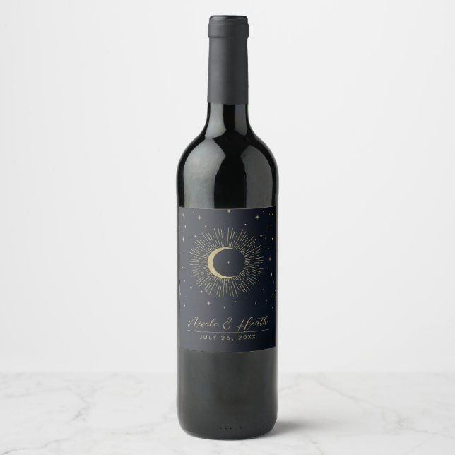 Etiqueta Para Botella De Vino Boda de la luna de luz celestial de oro nocturno o (Anverso)