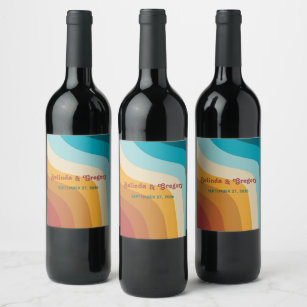 Etiqueta Para Botella De Vino Boda de las coloridas olas de arcoiris de los años