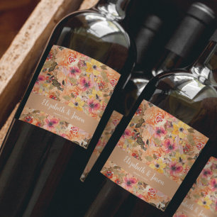 Etiqueta Para Botella De Vino Boda de las flores de acuarela de otoño