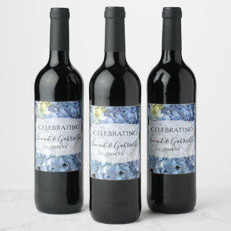 Etiqueta Para Botella De Vino Boda de las flores de hidrangea azul