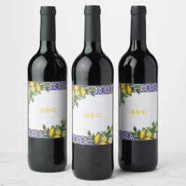 Etiqueta Para Botella De Vino Boda de limón azul blanco amarillo mediterráneo