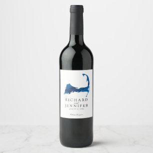 Etiqueta Para Botella De Vino Boda de mapas de Cape Cod de color azul marino