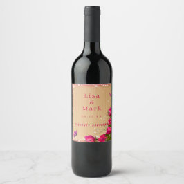 Etiqueta Para Botella De Vino Boda de mariposa floral rosada de madera de estilo
