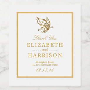 Etiqueta Para Botella De Vino Boda de mariposa Vintage Gold Purpurina