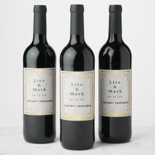 Etiqueta Para Botella De Vino Boda de mármol blanco de marco geométrico de oro