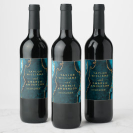 Etiqueta Para Botella De Vino Boda de Mármol de Ágata Azul Verdoso y Dorado