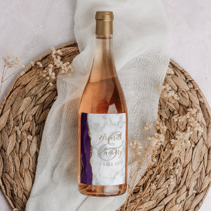 Etiqueta Para Botella De Vino Boda de mármol de ágata dorada y púrpura moderna