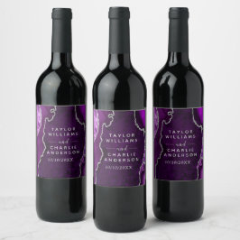 Etiqueta Para Botella De Vino Boda de Mármol de Ágata Púrpura y Plateada