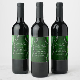 Etiqueta Para Botella De Vino Boda de Mármol de Ágata Verde y Plateada