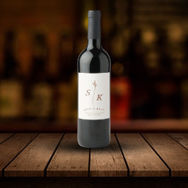 Etiqueta Para Botella De Vino Boda de Moda en monograma de hoja simple