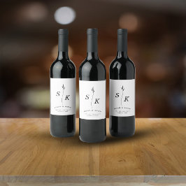Etiqueta Para Botella De Vino Boda de Moda en monograma de hoja simple