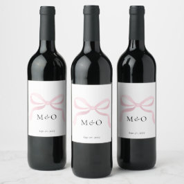 Etiqueta Para Botella De Vino Boda de Monograma de Acuarela con Lazo Rosa Modern