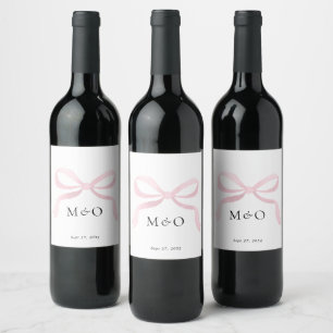 Etiqueta Para Botella De Vino Boda de Monograma de Acuarela con Lazo Rosa Modern