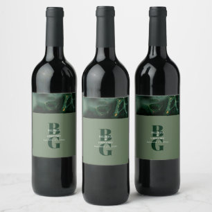 Etiqueta Para Botella De Vino Boda de monograma de mármol verde moderno
