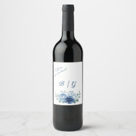 Etiqueta Para Botella De Vino Boda de monograma divertido floral azul polvorient