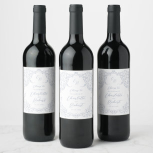 Etiqueta Para Botella De Vino Boda de Monograma Dusty Blue Vintage Flourish