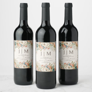 Etiqueta Para Botella De Vino Boda de Monograma Floral de Crema de Melocotón