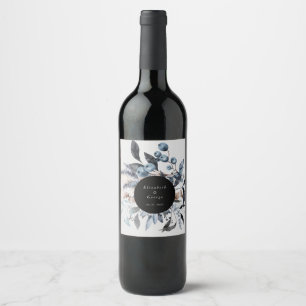 Etiqueta Para Botella De Vino boda de monograma floral de invierno azul polvorie