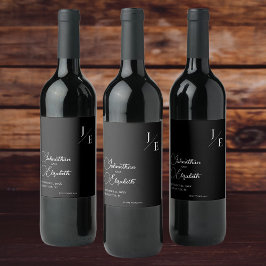 Etiqueta Para Botella De Vino Boda de monograma minimalista | Negro