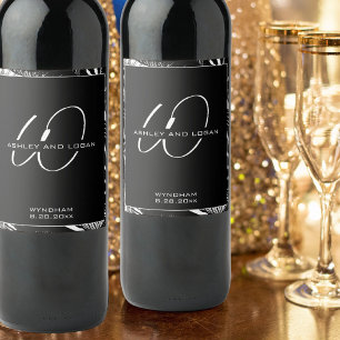 Etiqueta Para Botella De Vino Boda de monograma moderno Minimalista negro y blan