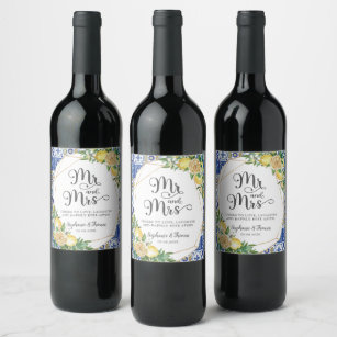 Etiqueta Para Botella De Vino Boda de mosaicos azules mediterráneos de Lemons
