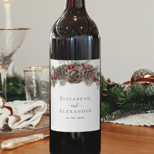 Etiqueta Para Botella De Vino Boda de Navidades de Watercolor Pine Winter Berrie