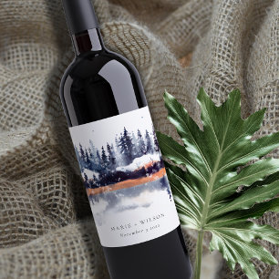 Etiqueta Para Botella De Vino Boda de Nieve en la Selva de Pino de Invierno de l